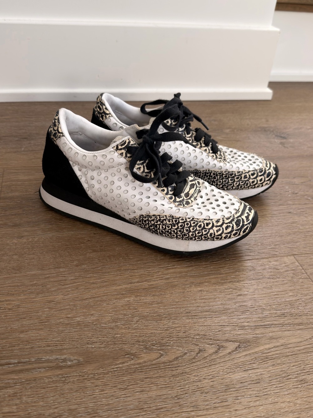 Loeffler Randall White and Black Perforated Sneakers with Metallic Accents